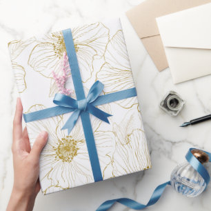 Schicke Goldene Linie Blumen Weißes Blumenmuster Geschenkpapier