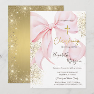 Schicke goldene Taufkreuz Gold Glitter Rosa Schlei Einladung