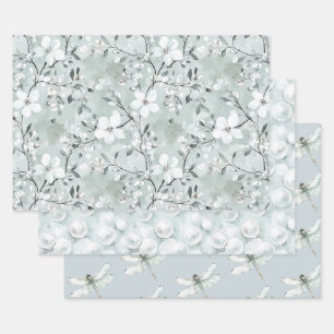 Schicke Graue Weiße Blumen Libellen Brautparty Geschenkpapier Set