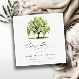 Schicke grüne Aquarell-Weidenbaumfarm-Hochzeit Save The Date