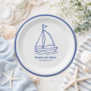 Schicke handgezeichnete Boote mit Wellen Hochzeit Pappteller