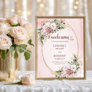 Schicke Hochzeitsbegrüßung Dusty Pink Floral Gold Poster