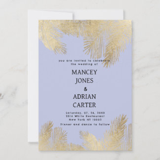 Schicke Lavendel-Gold-Tropenpalmen-Hochzeit Einladung