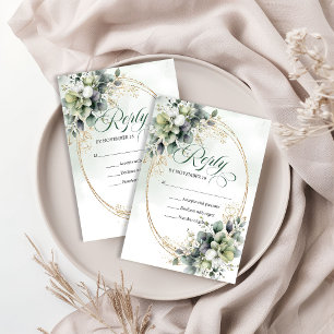 Schicke minimal bohemian Grün Gold Hochzeit RSVP Karte