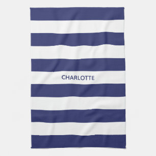 Schicke navyblaue weiße Streifen individuelle Name Geschirrtuch