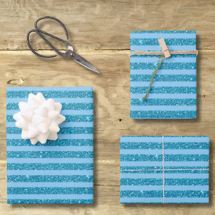 Schicke ozeanblaue Glitter Style horizontale Strei Geschenkpapier Set