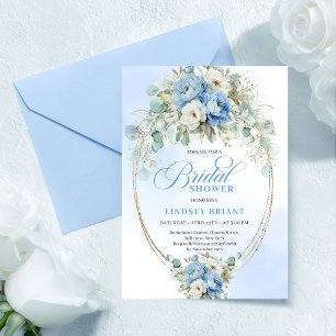 Schicke Pastellblaue Pfingstrosen-Grün-Goldene Bra Einladung