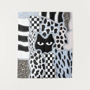 Schicke Patchwork Verdächtige Schwarze Katze Gingh Wandteppich