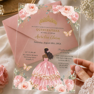 Schicke Quinceañera Blush Rosa Floral Braune Prinz Acryleinladungen