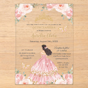 Schicke Quinceañera-Rosa-Blumen-Gold-Prinzessin Acryleinladungen