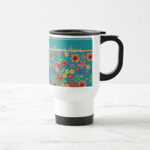 Schicke Retro-Blumenmotive auf teal personalisiert Reisebecher