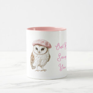 Schicke rosa Barett braun weiße Eule Be Seeing You Tasse