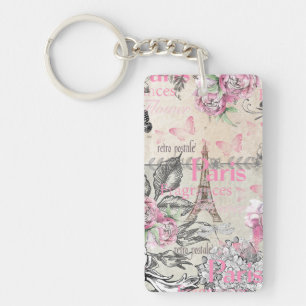 Schicke rosa florale Pariser Eiffelturm-Typografie Schlüsselanhänger