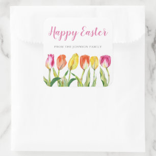 Schicke rosa florale Tulpen Frohe Ostern Quadratischer Aufkleber