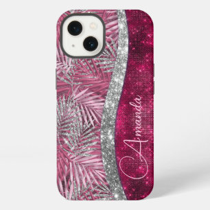 Schicke rosa Fuchsien-Glitter-Blätter-Monogramm iPhone Hülle