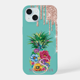 Schicke rosa goldene Glittertropfen Ananas Mintgrü iPhone 15 Hülle