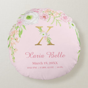 Schicke rosa goldene Monogramm "X" Baby Girl Stats Rundes Kissen