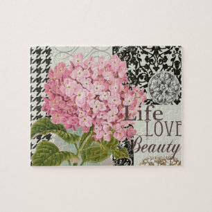 Schicke rosa Hortensien-Collage Vintage-Damaskus-K