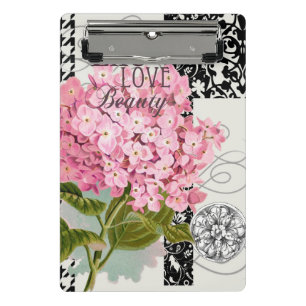 Schicke rosa Hortensien-Collage Vintage-Damaskus-K Mini Klemmbrett