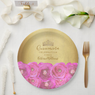 Schicke rosa Rosen Blumen Goldkrone Quinceañera Pappteller