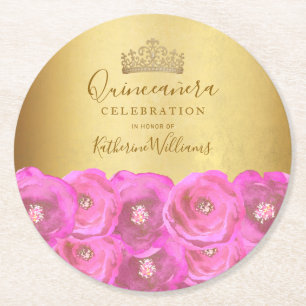 Schicke rosa Rosen Blumen Goldkrone Quinceañera Runder Pappuntersetzer