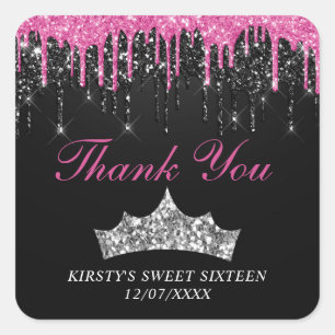 Schicke rosa schwarze tropfende Glitter-Tiara Swee Quadratischer Aufkleber