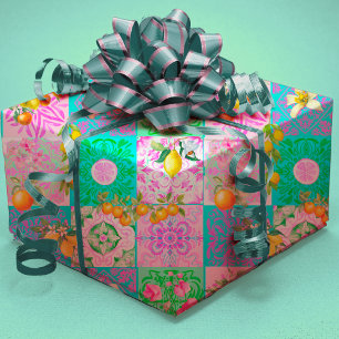 Schicke rosa sizilianische Zitrus-Blumenfliesen Geschenkpapier