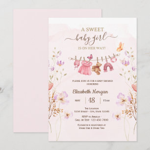 Schicke rosa Wäscheleine Wildblumen Baby Shower Einladung