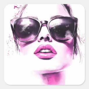 Schicke rosa Wasserfarbe Mode Frau Sonnenbrille Quadratischer Aufkleber