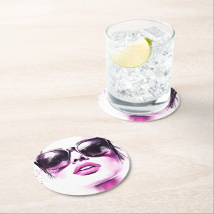 Schicke rosa Wasserfarbe Mode Frau Sonnenbrille Runder Pappuntersetzer