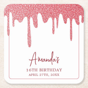 Schicke Rose Gold Tropf Glitter Sweet 16 Geburtsta Rechteckiger Pappuntersetzer