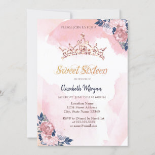 Schicke Rosen Gold Glitter Krone Blumen Sweet 16 Einladung