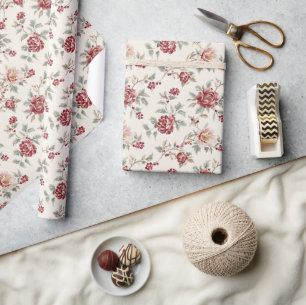 Schicke rote cremefarbene florale Geburtstagsdekor Geschenkpapier