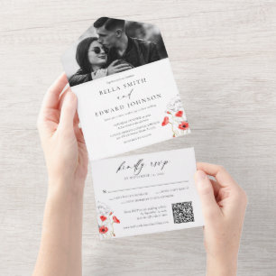 Schicke rote Mohnblumen-Monogramm-Foto-Hochzeit All In One Einladung