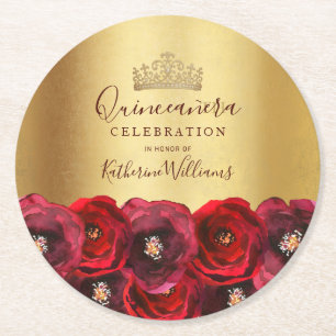 Schicke rote Rosen Blumen Goldene Krone Quinceañer Runder Pappuntersetzer
