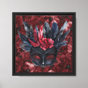 Schicke schwarze burgunderrote Federn Blumenmaske Leinwanddruck