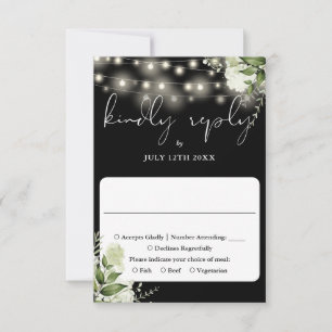 Schicke schwarze Floristik-Lichterkette Hochzeit RSVP Karte