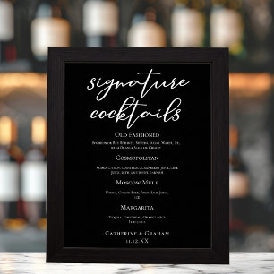 Schicke schwarze Hochzeits-Signature-Cocktails-Bar Poster