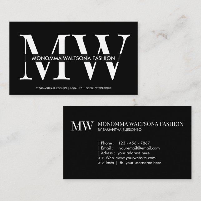 Schicke schwarze Typografie-Monogramm-Buchstabenna Visitenkarte (Vorne/Hinten)