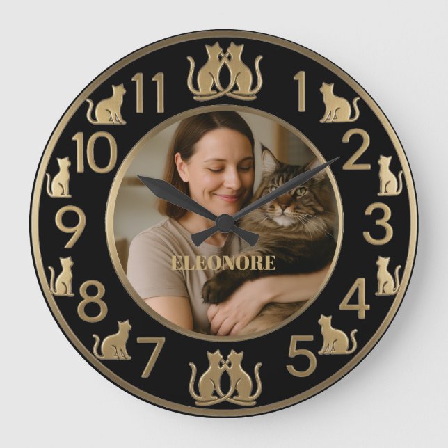 Schicke schwarze und goldene Katzenliebhaber-Wandu Große Wanduhr (Vorderseite)