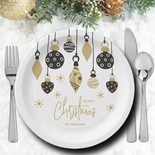 Schicke schwarze und goldene Weihnachtsdekoratione Pappteller