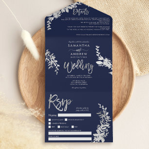 Schicke silberne Floral-Typografie navyblaue Hochz All In One Einladung
