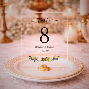 Schicke skurrile Vintage-Blumen-Hochzeitstisch-Num Acrylschild