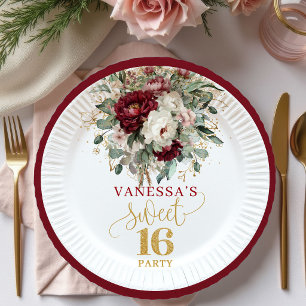 Schicke Sweet Sixteen Blush Burgunder Blumen Telle Pappteller