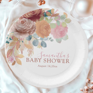 Schicke Terrakotta- und Rosé-Wasserfarben-Baby-Par Pappteller