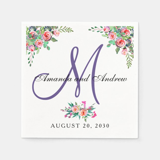 Schicke ultraviolette Monogramm-mit Blumenhochzeit Serviette (Vorderseite)