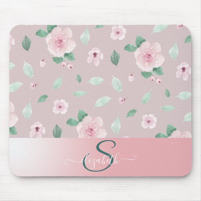 Schicke Wasserfarben-Blumen-Monogramm Mousepad (Vorne)