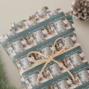Schicke Weihnachtsfamilienfotocollage Grau Grün Geschenkpapier Set