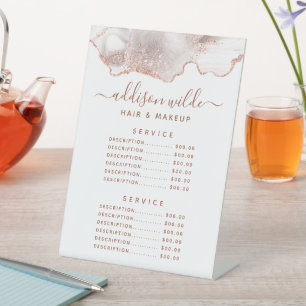 Schicke weiße Marmor-Achat-Roségold-Service-Preisl Sockelschild