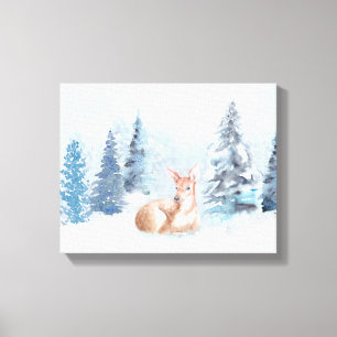 Schicke Winter-Aquarell-Rotwild im Wald Leinwanddruck